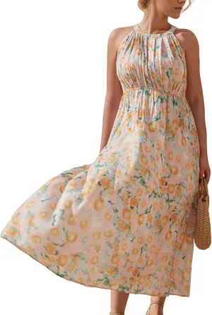 Women Plus Size Floral Summer Dress - Sleeveless Halter Neck Midi Boho Dresses Floral Print on Pink Flowy Long Casual Dress