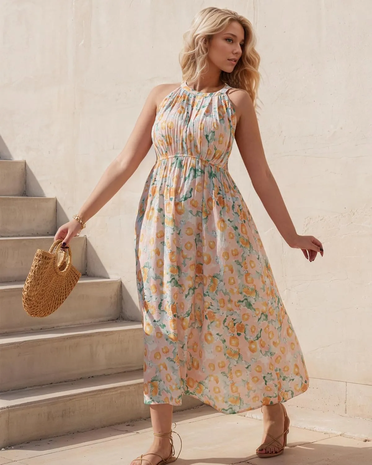 Women Plus Size Floral Summer Dress - Sleeveless Halter Neck Midi Boho Dresses Floral Print on Pink Flowy Long Casual Dress