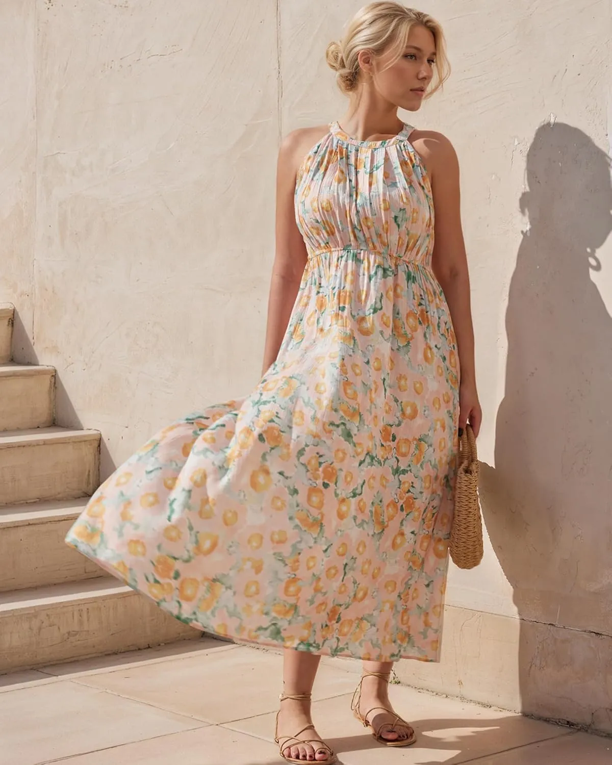 Women Plus Size Floral Summer Dress - Sleeveless Halter Neck Midi Boho Dresses Floral Print on Pink Flowy Long Casual Dress