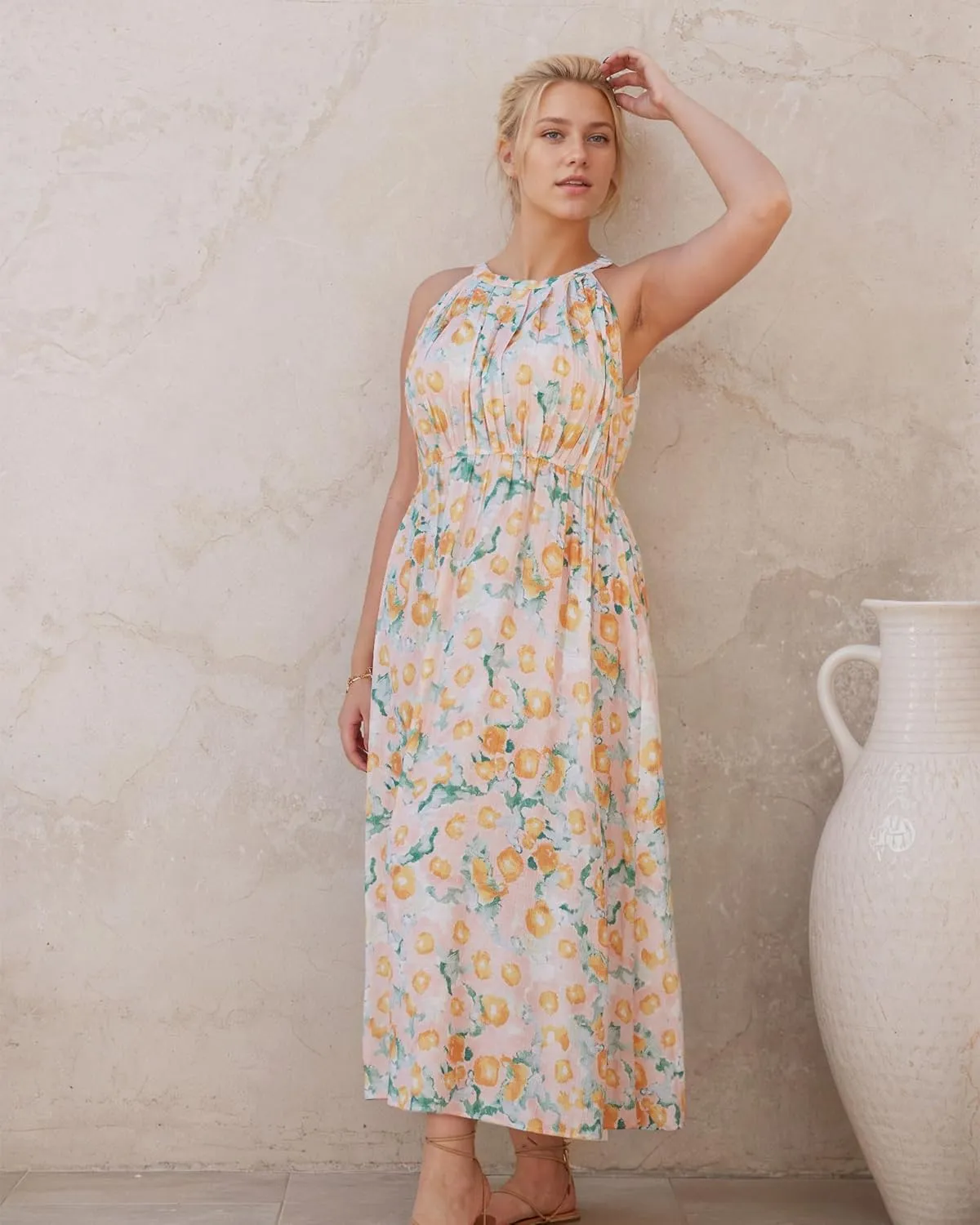 Women Plus Size Floral Summer Dress - Sleeveless Halter Neck Midi Boho Dresses Floral Print on Pink Flowy Long Casual Dress