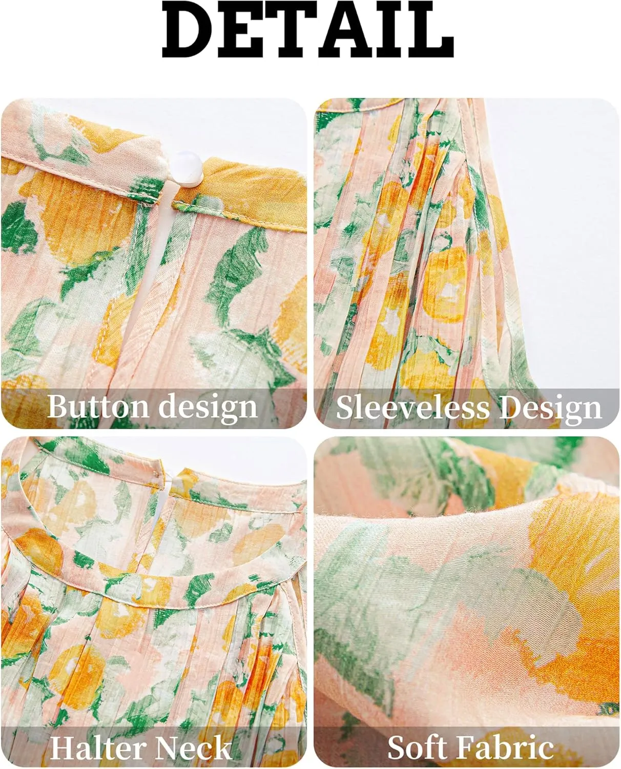 Women Plus Size Floral Summer Dress - Sleeveless Halter Neck Midi Boho Dresses Floral Print on Pink Flowy Long Casual Dress