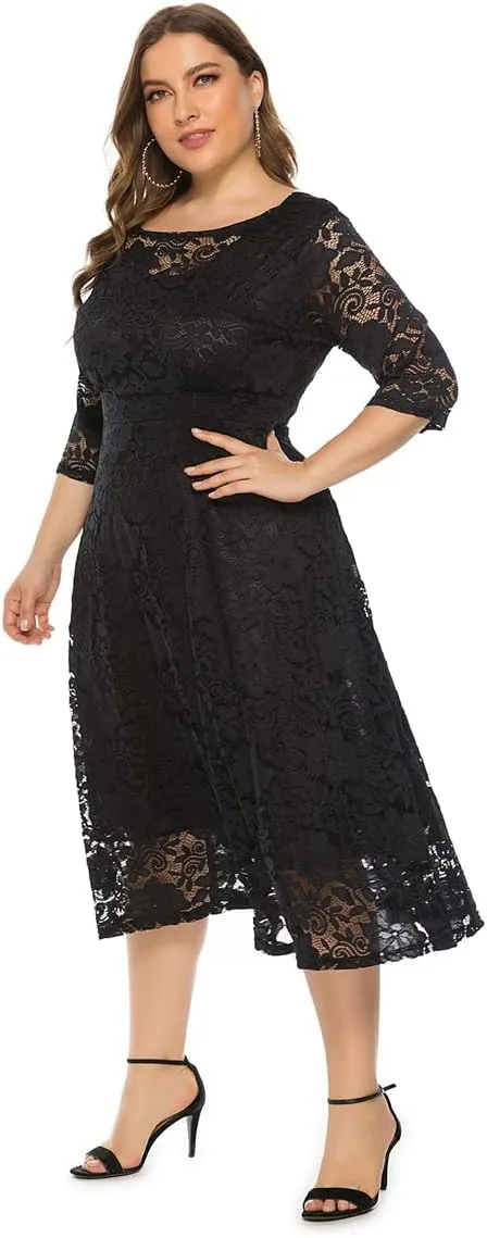 Women Plus Size Summer Dresses Lace Round Neck Midi Party Wedding Dresses