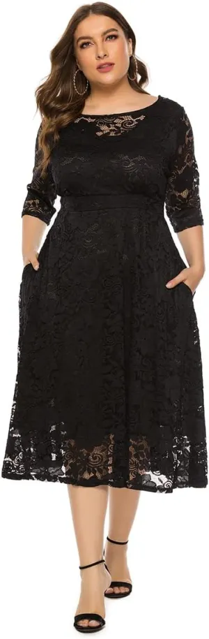 Women Plus Size Summer Dresses Lace Round Neck Midi Party Wedding Dresses