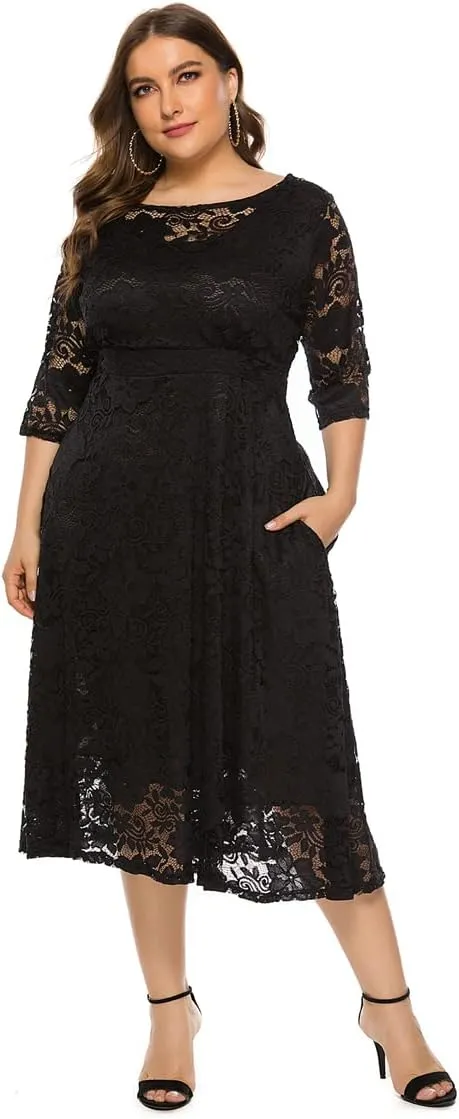 Women Plus Size Summer Dresses Lace Round Neck Midi Party Wedding Dresses