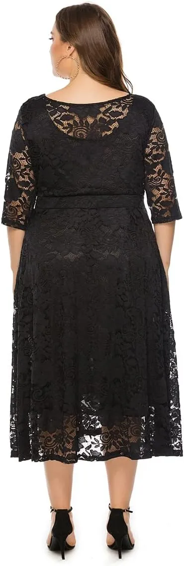 Women Plus Size Summer Dresses Lace Round Neck Midi Party Wedding Dresses