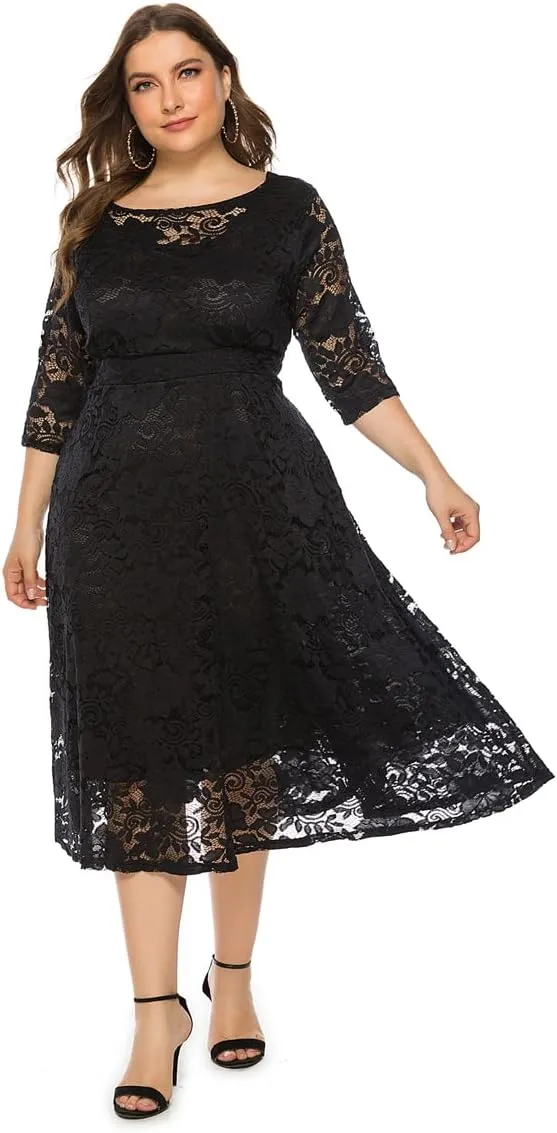 Women Plus Size Summer Dresses Lace Round Neck Midi Party Wedding Dresses