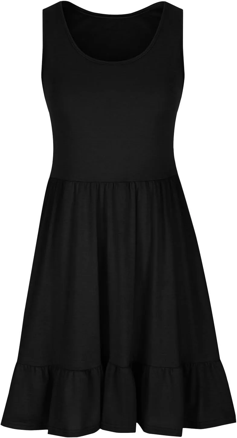 Women Summer Sundress Boho Sleeveless Knee Length Tank Dresses Pleated Ruffle Flowy A Line Swing Dress with Pockets