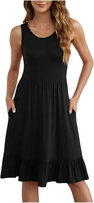 Women Summer Sundress Boho Sleeveless Knee Length Tank Dresses Pleated Ruffle Flowy A Line Swing Dress with Pockets