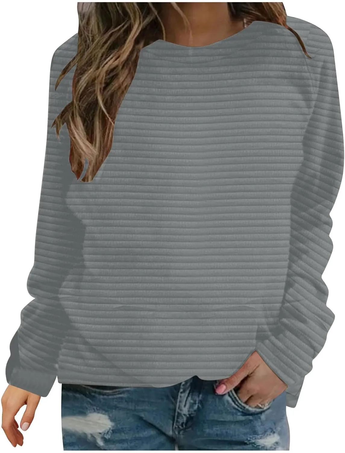 Women Sweatshirts Trendy Comfy Baggy Raglan Sleeve Crew Neck Blouses Shirts Solid Color Loose Fitting Lounge Tops
