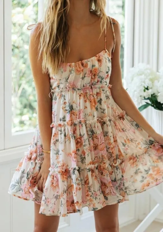 Womens 2025 Summer Floral Mini Dress Boho Flowy Skater Spaghetti Strap Ruffle Sleeveless Beach Dress Sundresses
