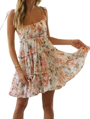 Womens 2025 Summer Floral Mini Dress Boho Flowy Skater Spaghetti Strap Ruffle Sleeveless Beach Dress Sundresses