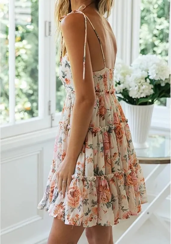 Womens 2025 Summer Floral Mini Dress Boho Flowy Skater Spaghetti Strap Ruffle Sleeveless Beach Dress Sundresses