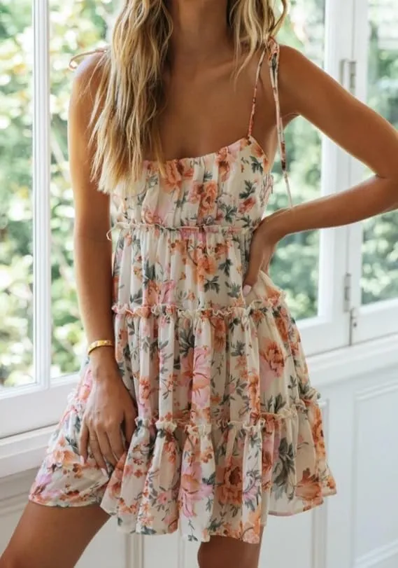 Womens 2025 Summer Floral Mini Dress Boho Flowy Skater Spaghetti Strap Ruffle Sleeveless Beach Dress Sundresses