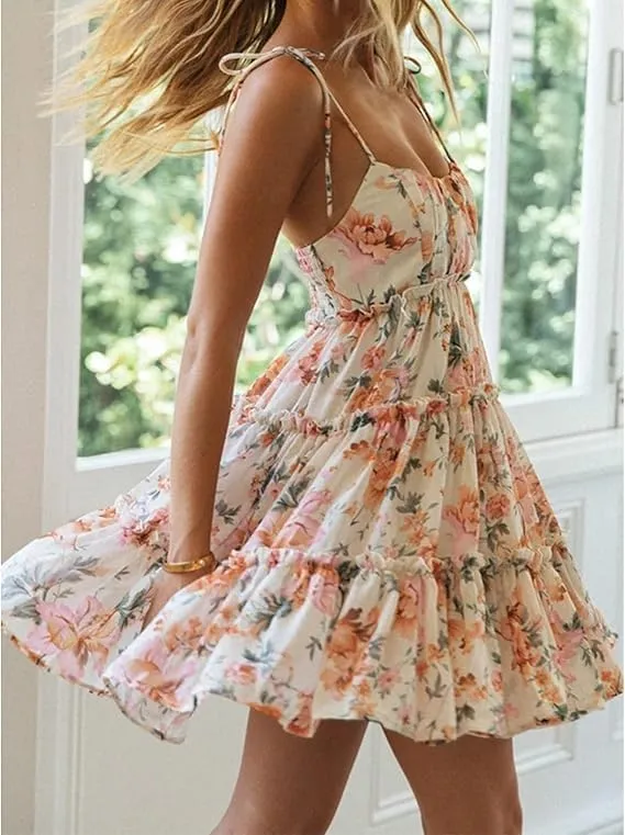 Womens 2025 Summer Floral Mini Dress Boho Flowy Skater Spaghetti Strap Ruffle Sleeveless Beach Dress Sundresses