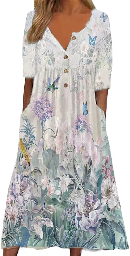 Women's Boho Floral Long Sleeve Midi Dress Casual Loose Flowy Vacation Dresses with Pockets