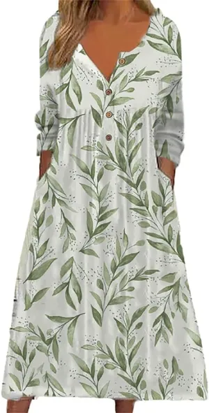 Women's Boho Floral Long Sleeve Midi Dress Casual Loose Flowy Vacation Dresses with Pockets