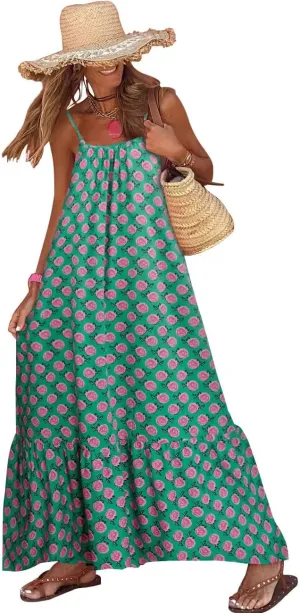Womens Boho Floral Print Sleeveless Maxi Dress Casual Spaghetti Strap Ruffle Tiered Long Summer Beach Dresses