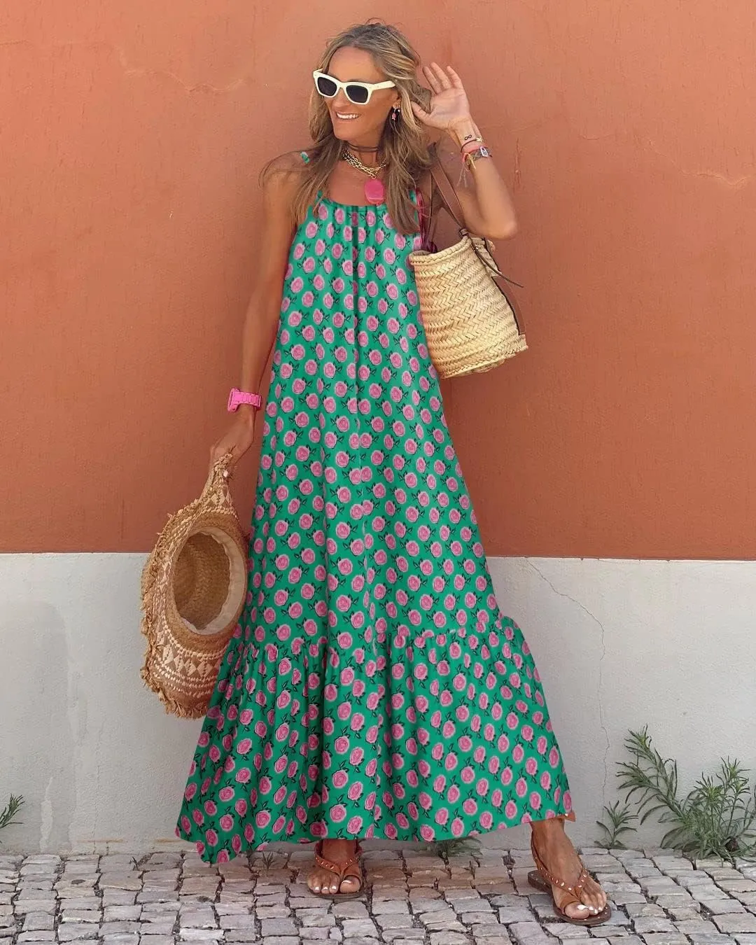 Womens Boho Floral Print Sleeveless Maxi Dress Casual Spaghetti Strap Ruffle Tiered Long Summer Beach Dresses