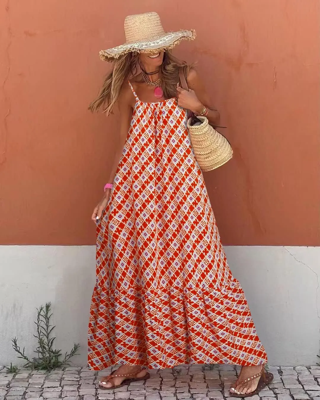 Womens Boho Floral Print Sleeveless Maxi Dress Casual Spaghetti Strap Ruffle Tiered Long Summer Beach Dresses
