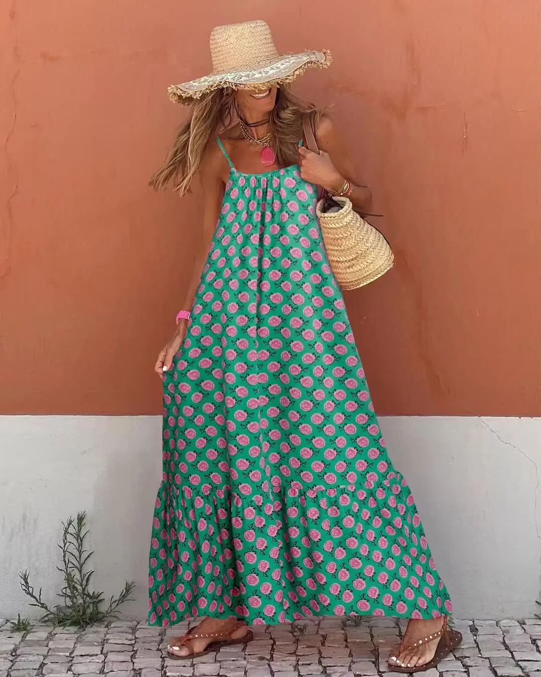 Womens Boho Floral Print Sleeveless Maxi Dress Casual Spaghetti Strap Ruffle Tiered Long Summer Beach Dresses
