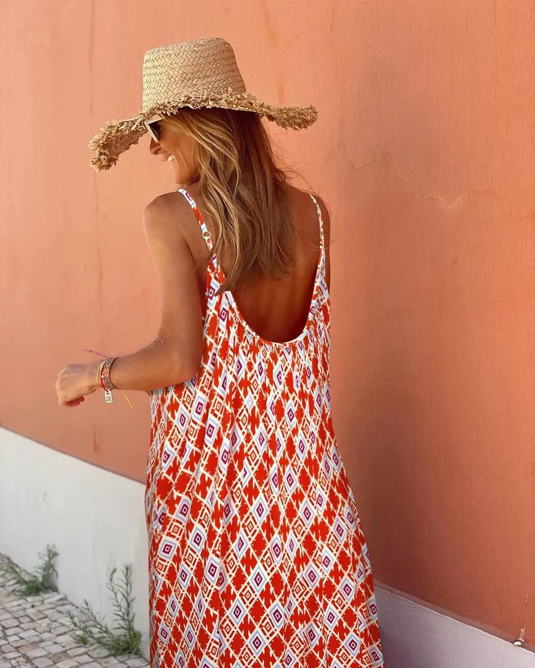 Womens Boho Floral Print Sleeveless Maxi Dress Casual Spaghetti Strap Ruffle Tiered Long Summer Beach Dresses
