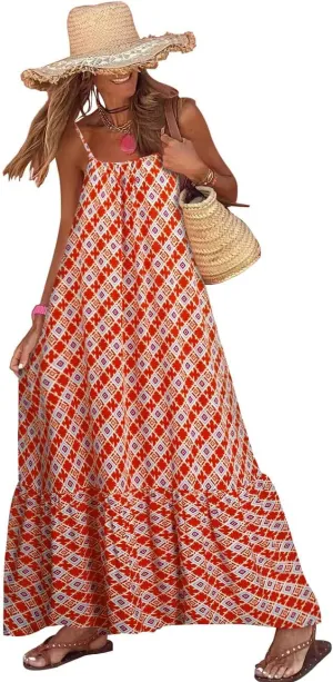 Womens Boho Floral Print Sleeveless Maxi Dress Casual Spaghetti Strap Ruffle Tiered Long Summer Beach Dresses