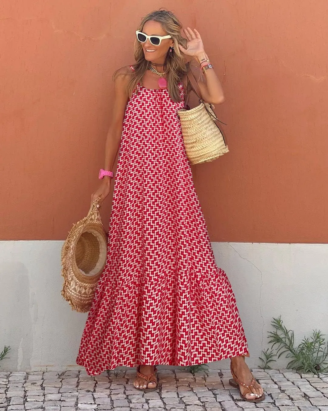 Womens Boho Floral Print Sleeveless Maxi Dress Casual Spaghetti Strap Ruffle Tiered Long Summer Beach Dresses