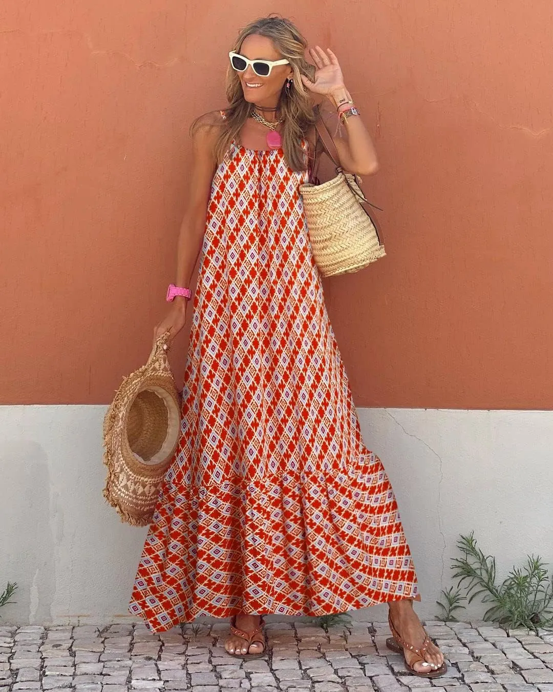 Womens Boho Floral Print Sleeveless Maxi Dress Casual Spaghetti Strap Ruffle Tiered Long Summer Beach Dresses