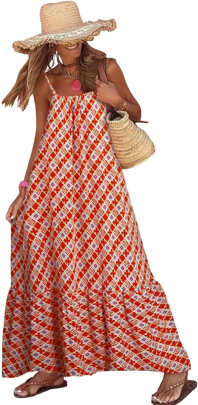 Womens Boho Floral Print Sleeveless Maxi Dress Casual Spaghetti Strap Ruffle Tiered Long Summer Beach Dresses