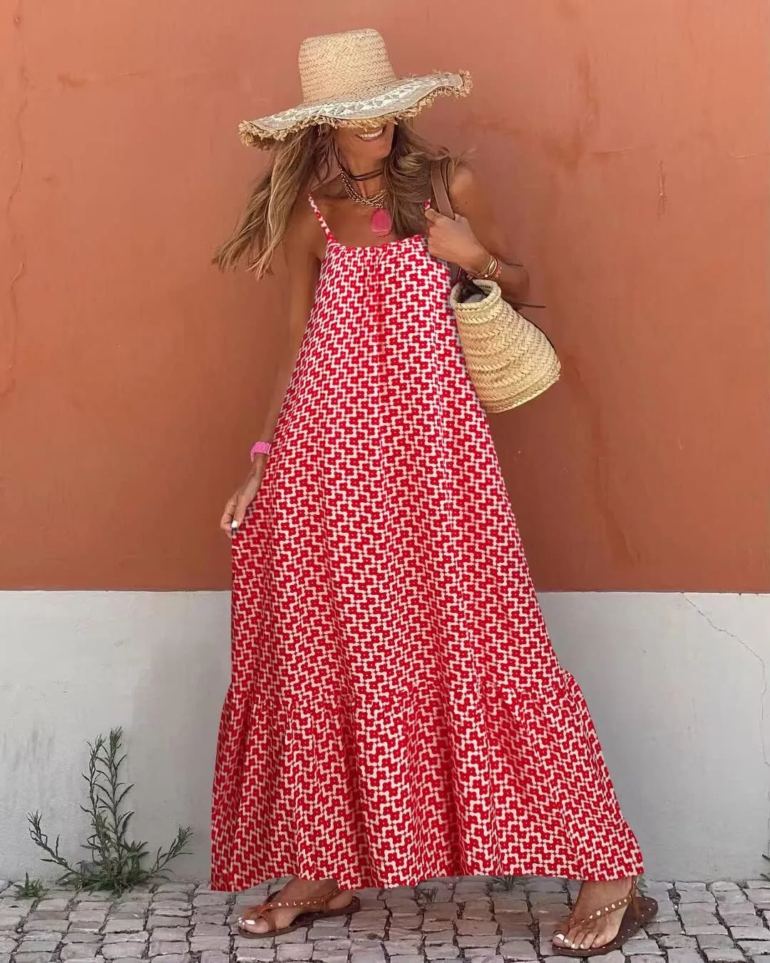 Womens Boho Floral Print Sleeveless Maxi Dress Casual Spaghetti Strap Ruffle Tiered Long Summer Beach Dresses