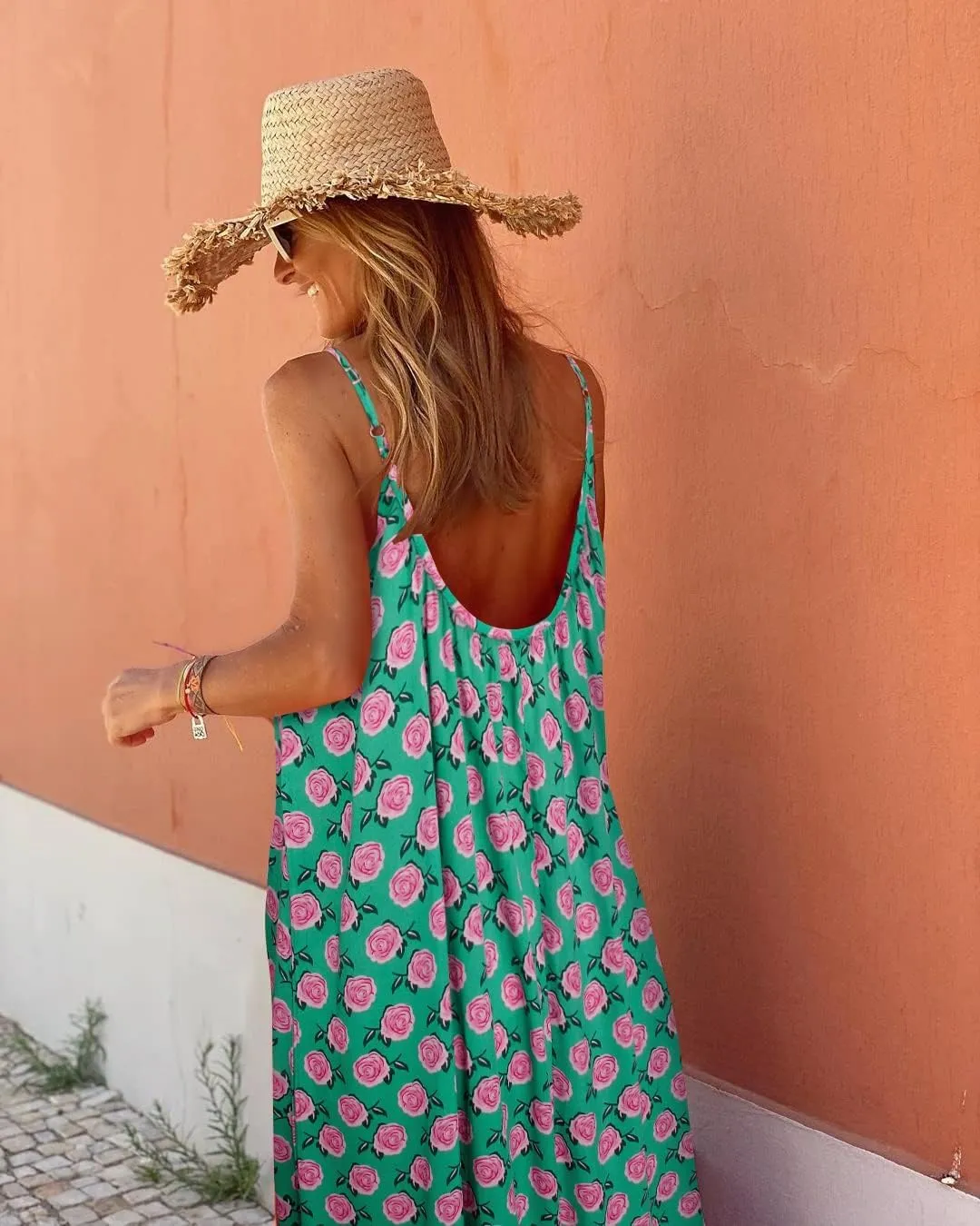 Womens Boho Floral Print Sleeveless Maxi Dress Casual Spaghetti Strap Ruffle Tiered Long Summer Beach Dresses