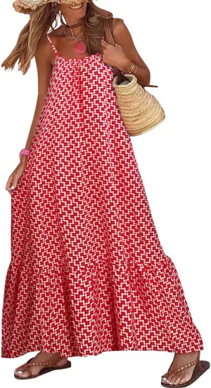 Womens Boho Floral Print Sleeveless Maxi Dress Casual Spaghetti Strap Ruffle Tiered Long Summer Beach Dresses