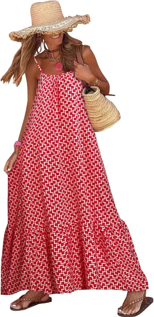 Womens Boho Floral Print Sleeveless Maxi Dress Casual Spaghetti Strap Ruffle Tiered Long Summer Beach Dresses