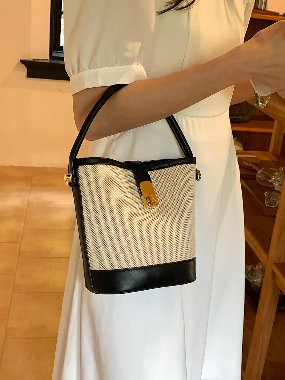 Women's Bucket Bag Leather Contrast Top Handle Crossbody Bag Versatile Shoulder Handbags Multicolor One-Size
