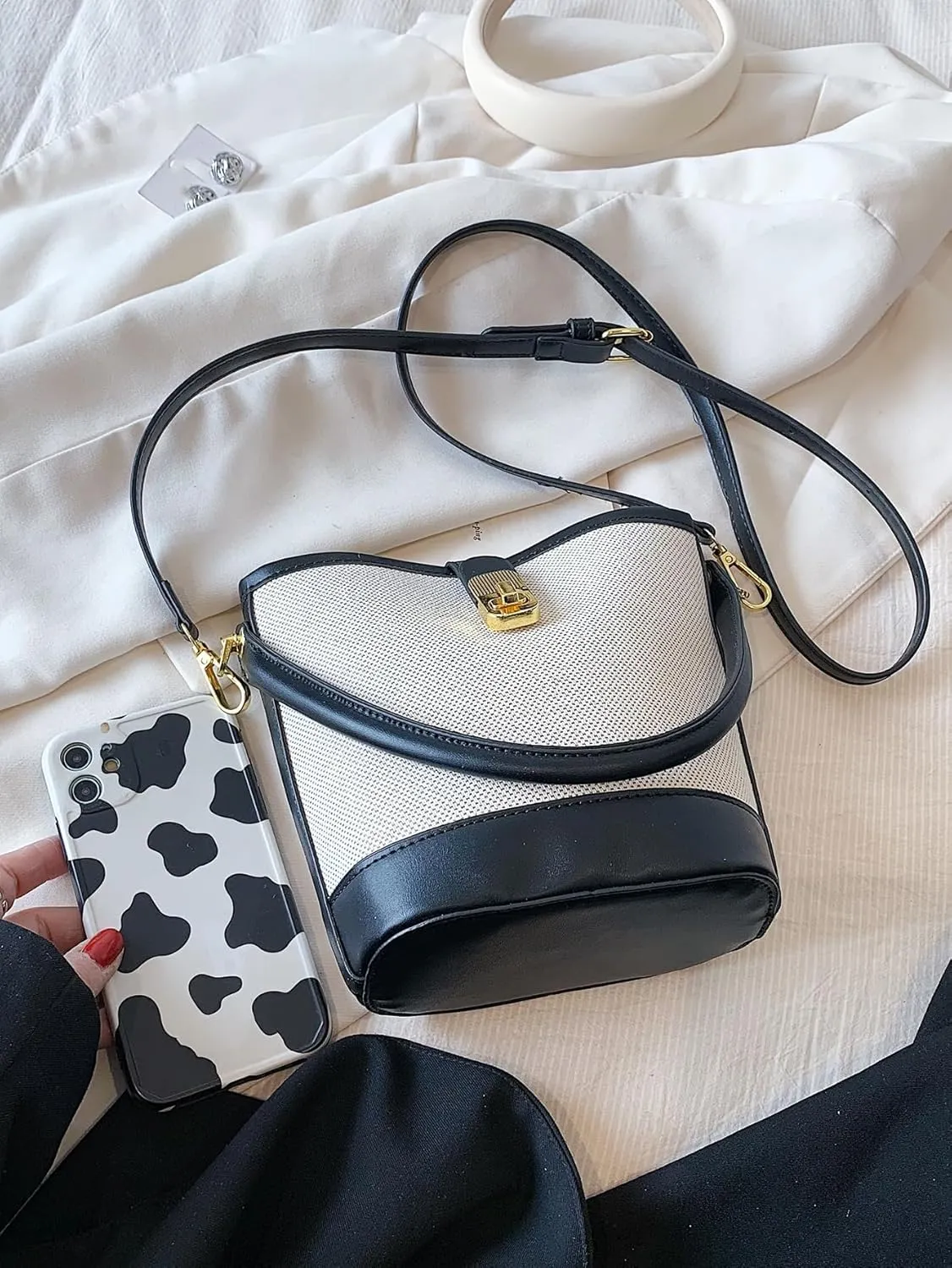 Women's Bucket Bag Leather Contrast Top Handle Crossbody Bag Versatile Shoulder Handbags Multicolor One-Size