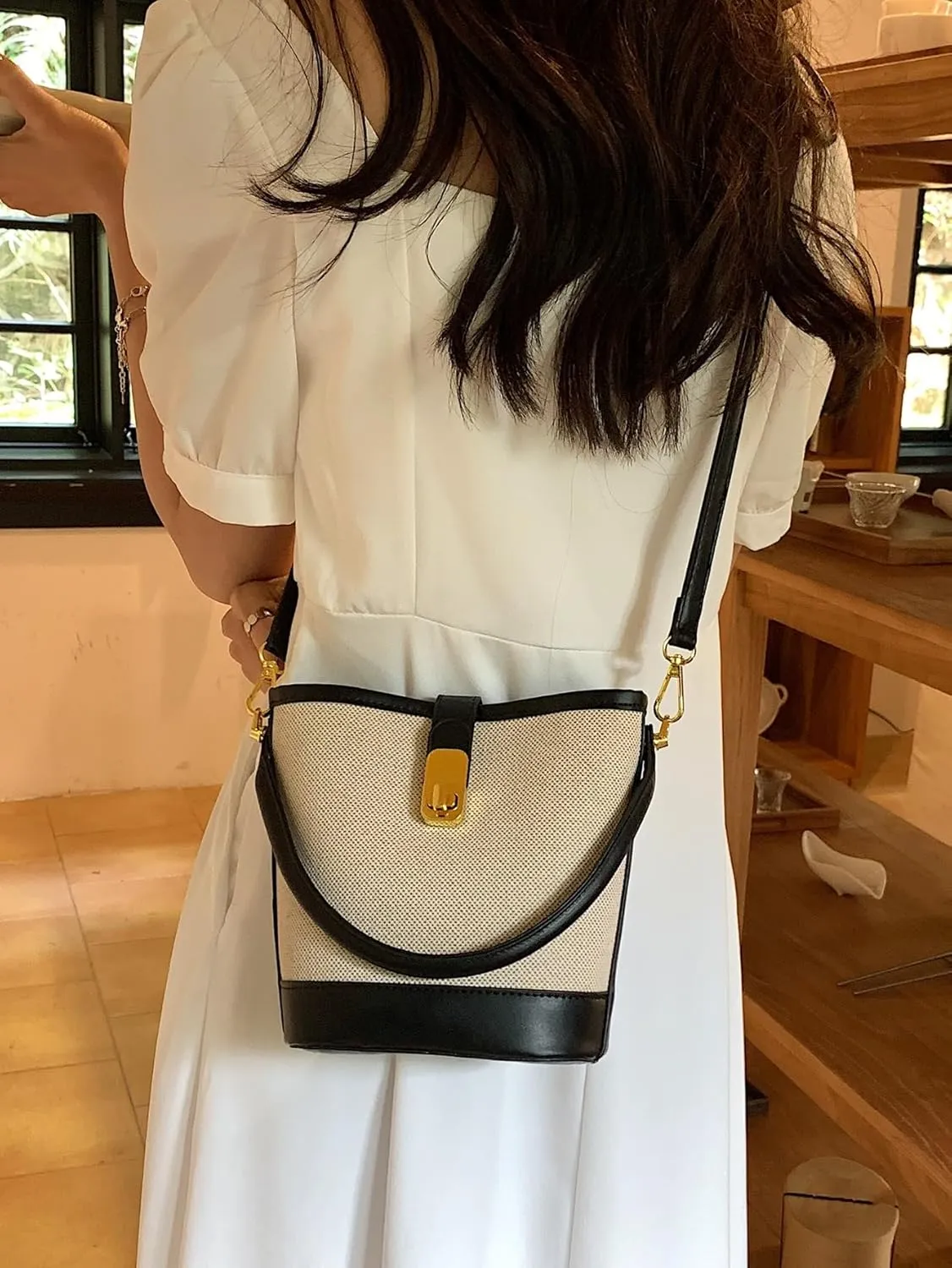 Women's Bucket Bag Leather Contrast Top Handle Crossbody Bag Versatile Shoulder Handbags Multicolor One-Size