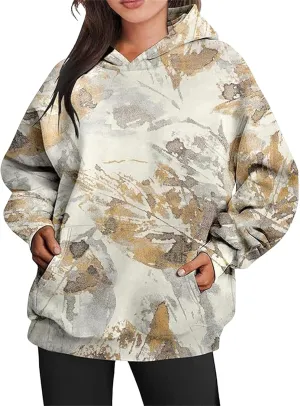 Womens Camo Hoodies Oversized Maple Leaf Print Sweatshirts Fleece Casual Long Sleeve Pullover Sweaters with Pockets