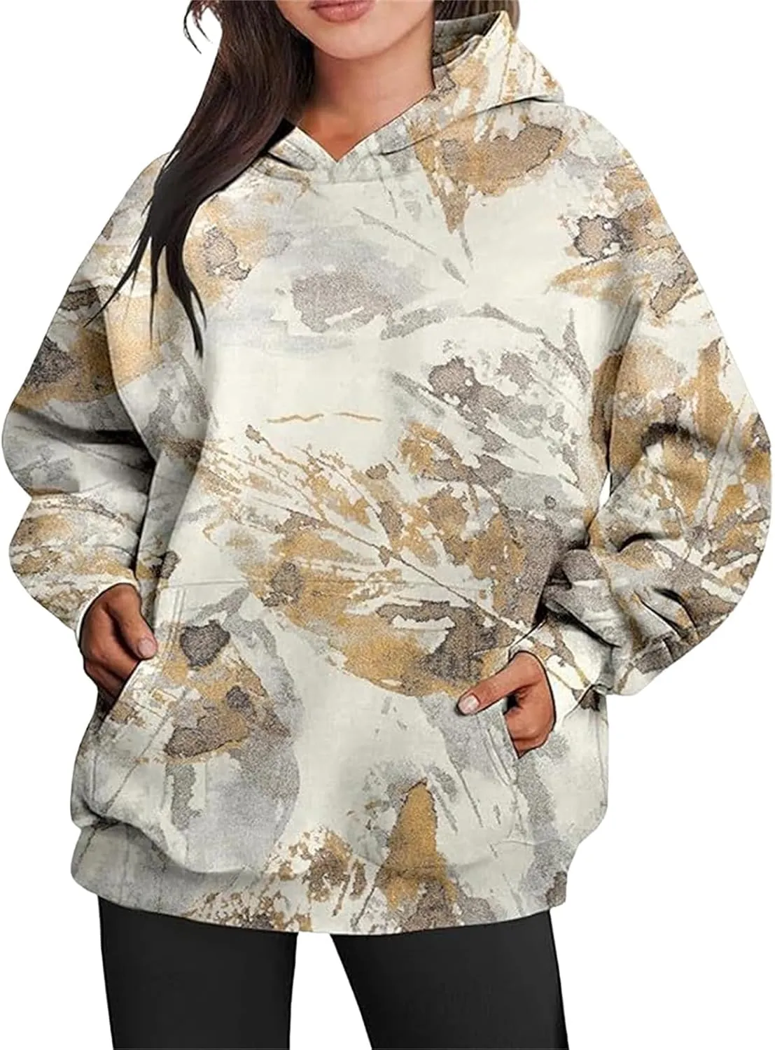Womens Camo Hoodies Oversized Maple Leaf Print Sweatshirts Fleece Casual Long Sleeve Pullover Sweaters with Pockets