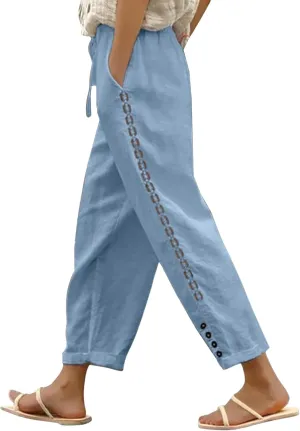 Women's Casual Pants 2025 New Summer Cotton Linen Slim Elegant Straight Pants Splicing Solid Color Nine Point Trousers