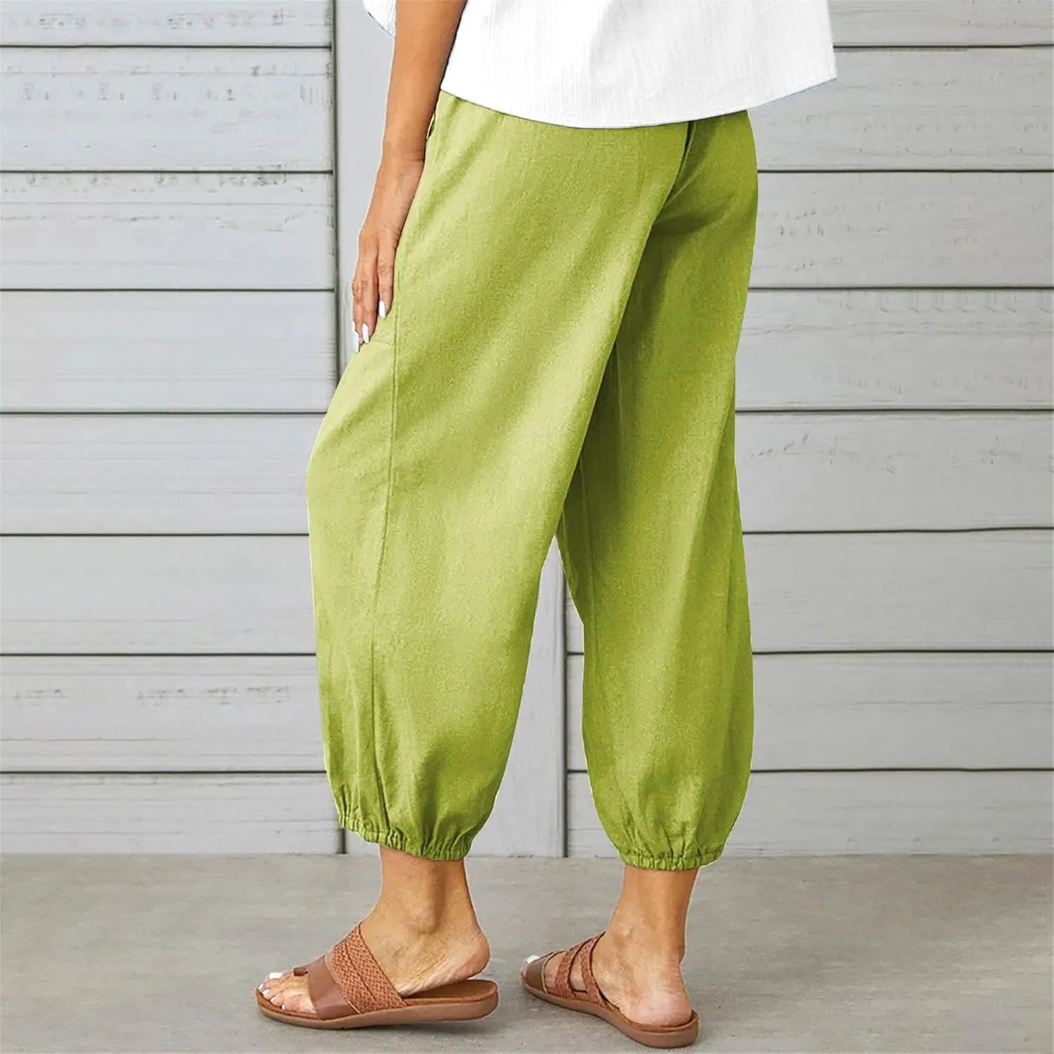 Women's Casual Pants Elastic Waist Cotton Linen Solid Color Wide Leg Pants Big Pockets Fashion Cropped Trousers