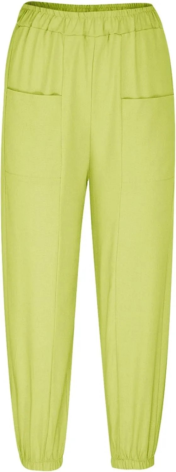 Women's Casual Pants Elastic Waist Cotton Linen Solid Color Wide Leg Pants Big Pockets Fashion Cropped Trousers