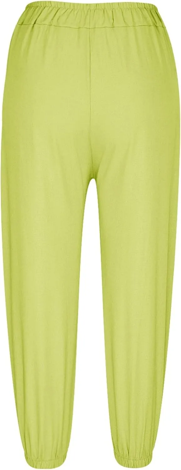 Women's Casual Pants Elastic Waist Cotton Linen Solid Color Wide Leg Pants Big Pockets Fashion Cropped Trousers