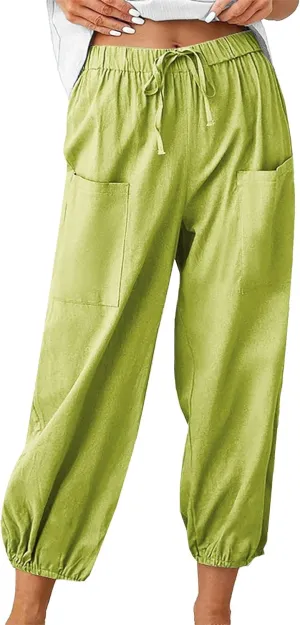 Women's Casual Pants Elastic Waist Cotton Linen Solid Color Wide Leg Pants Big Pockets Fashion Cropped Trousers