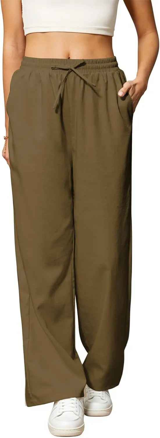Womens Casual Pants with Adjustable Drawstring Soft Lounge Wide Leg High Waisted Pants for Summer Beach Vacation