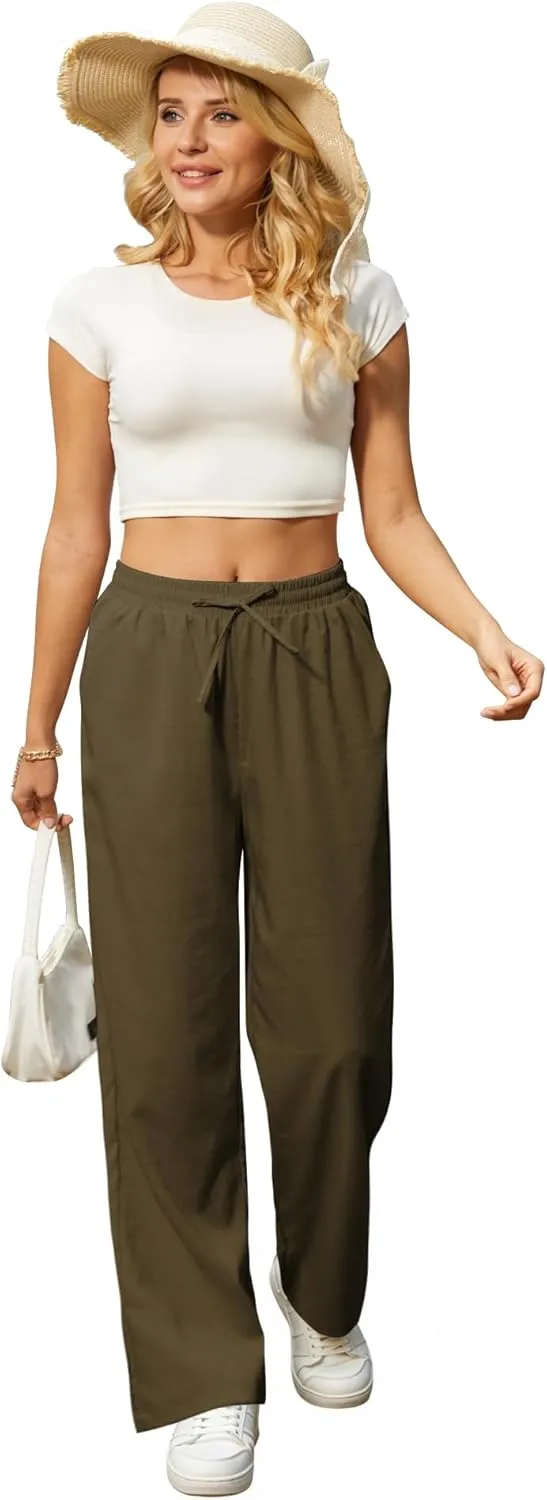 Womens Casual Pants with Adjustable Drawstring Soft Lounge Wide Leg High Waisted Pants for Summer Beach Vacation
