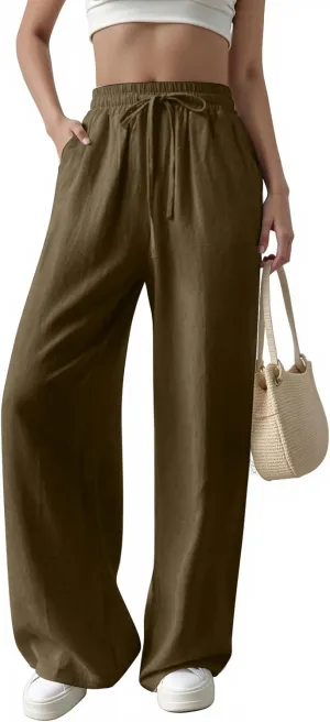 Womens Casual Pants with Adjustable Drawstring Soft Lounge Wide Leg High Waisted Pants for Summer Beach Vacation