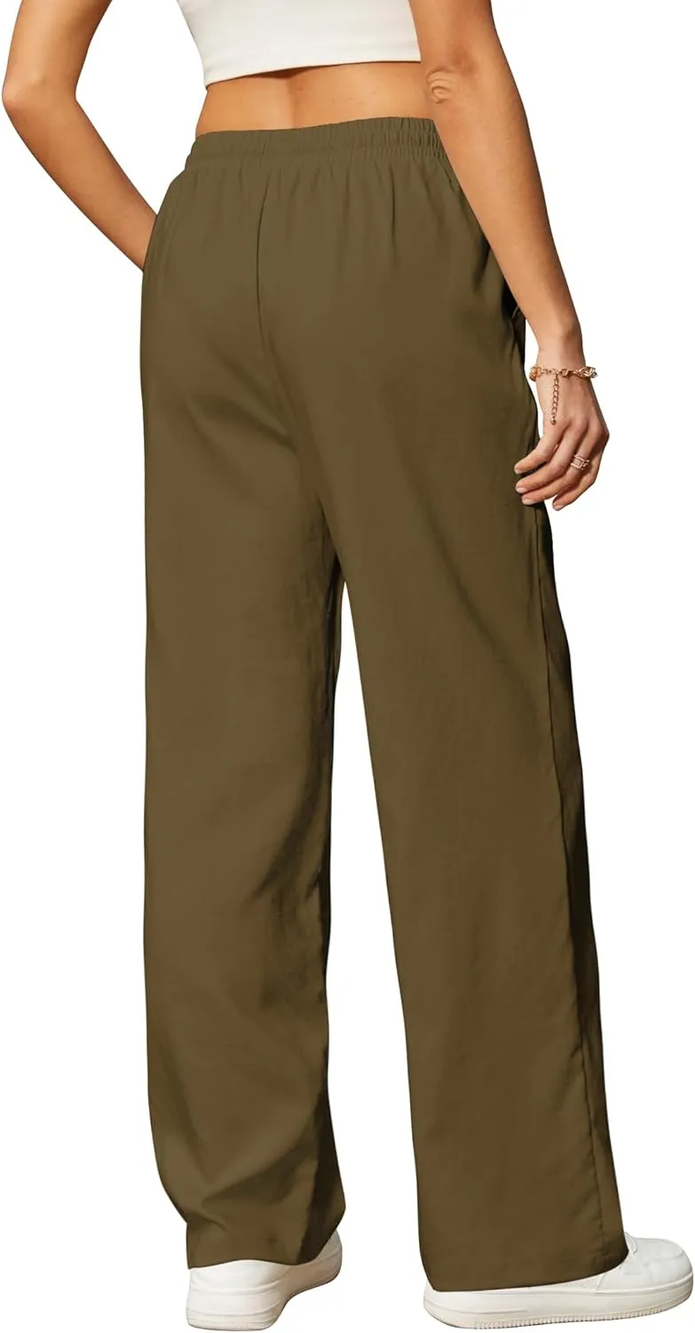Womens Casual Pants with Adjustable Drawstring Soft Lounge Wide Leg High Waisted Pants for Summer Beach Vacation