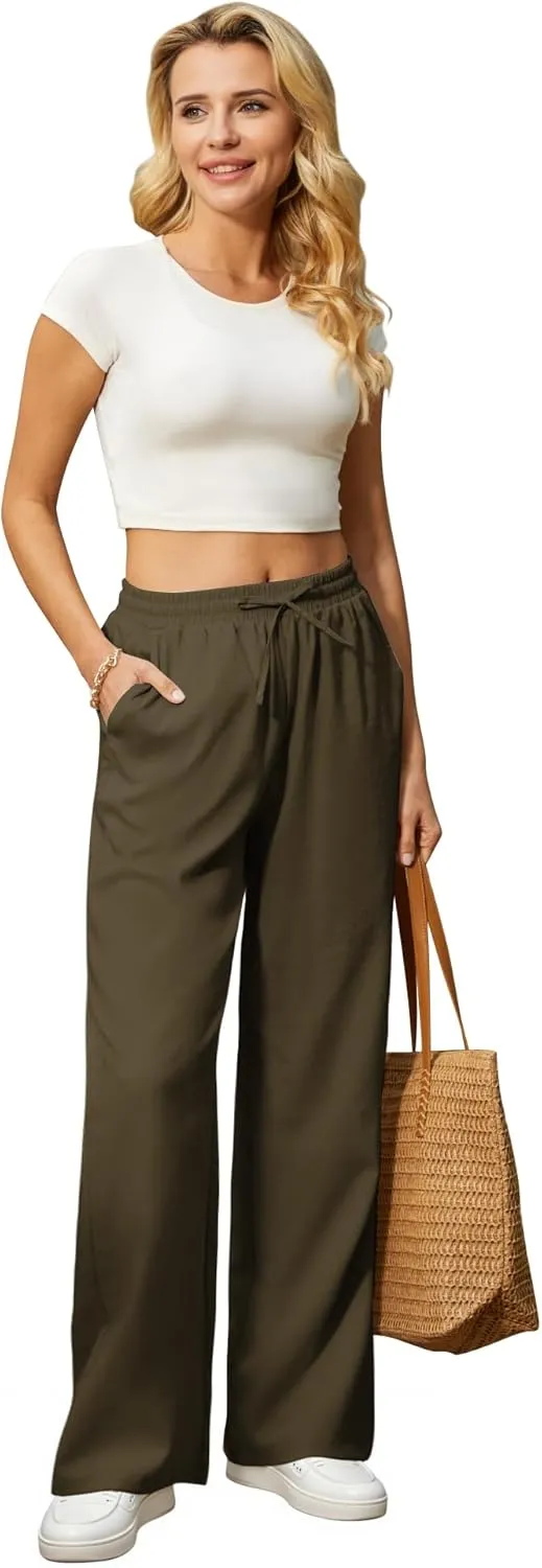 Womens Casual Pants with Adjustable Drawstring Soft Lounge Wide Leg High Waisted Pants for Summer Beach Vacation