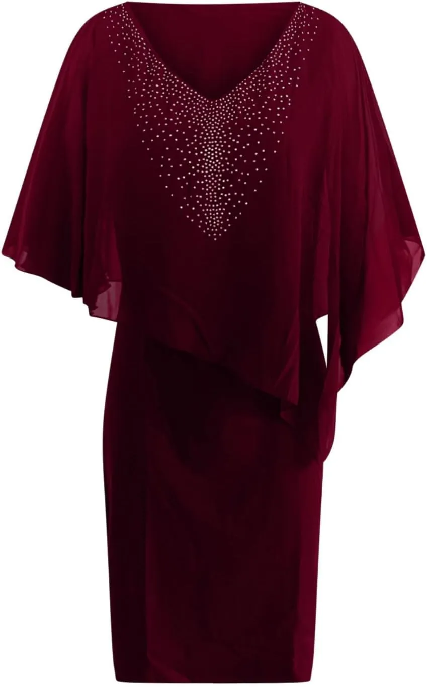 Women's Casual Plus Size Bodycon Dress Sexy V Neck Chiffon Dress Diamond Shawl Dress Cocktail Party Evening Gown