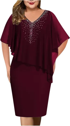 Women's Casual Plus Size Bodycon Dress Sexy V Neck Chiffon Dress Diamond Shawl Dress Cocktail Party Evening Gown
